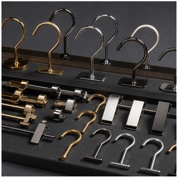 Gold chrome and black nickel hanger hooks and clips arranged for finish review