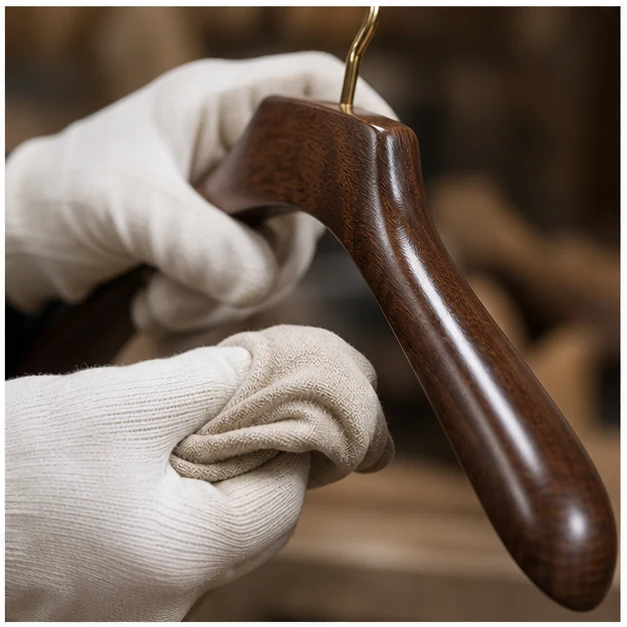 Gloved hands polishing a walnut wooden hanger shoulder curve