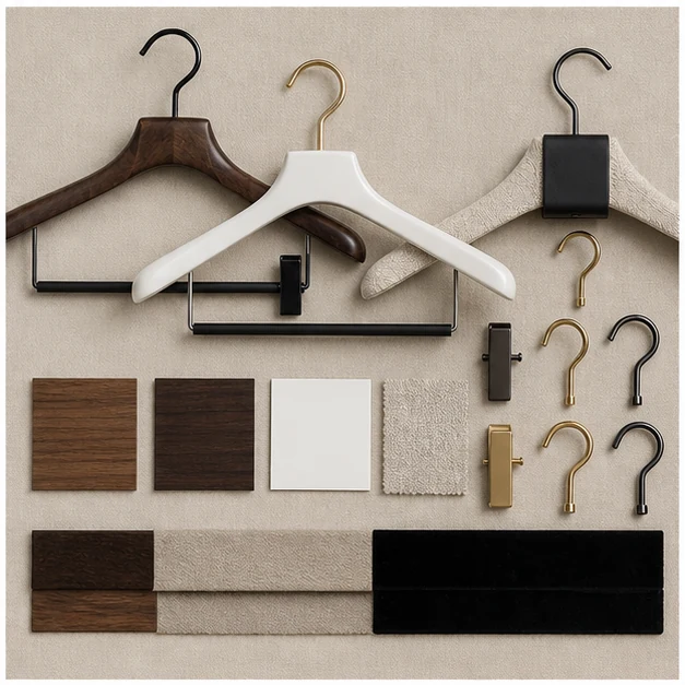 Wood fabric flocking and plated hardware samples for custom hangers