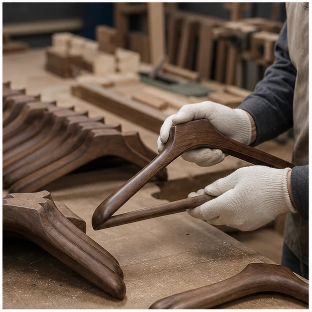 Workshop hands checking HangerForge-style wooden hanger bodies