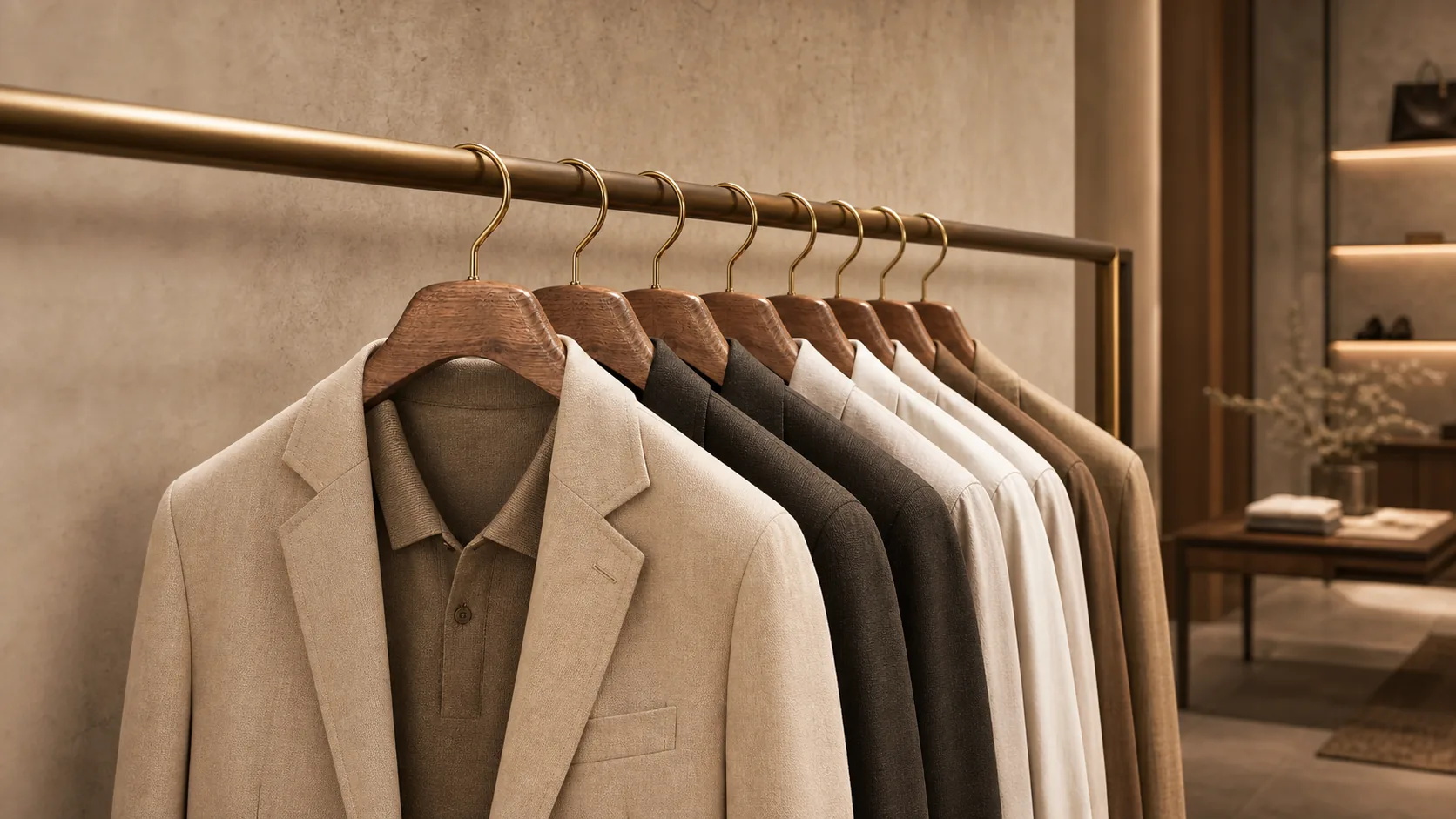 Walnut wooden mens hangers displayed on a luxury retail rail