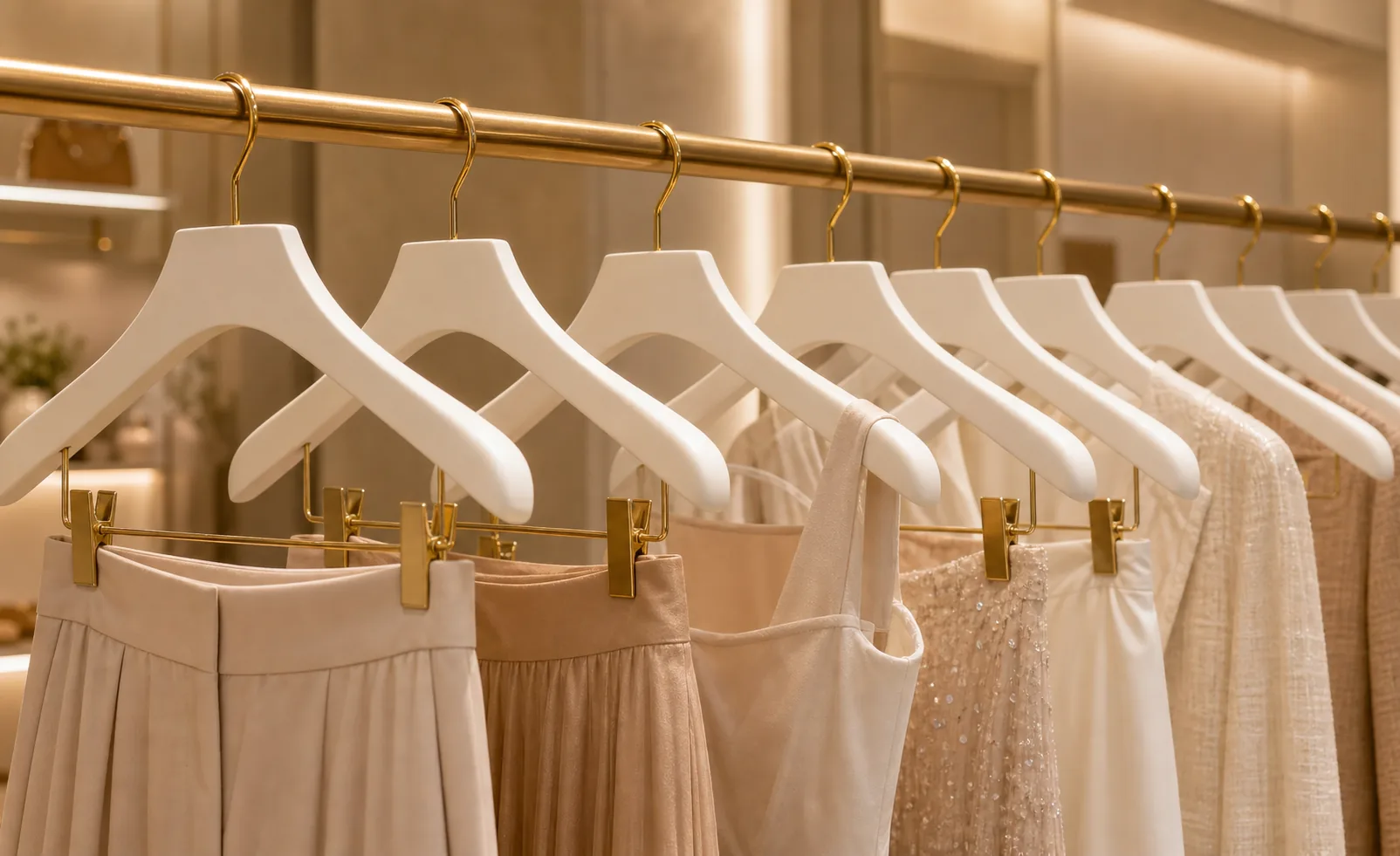 Matte white womens hangers with gold clips displayed in a luxury boutique