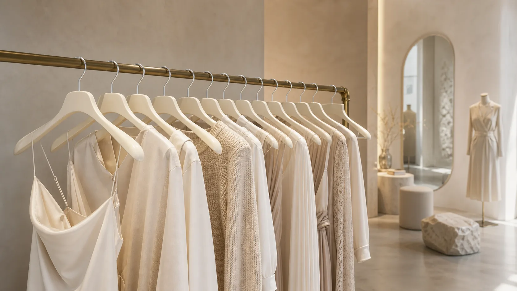White wide shoulder womens hangers displayed in a refined fashion showroom