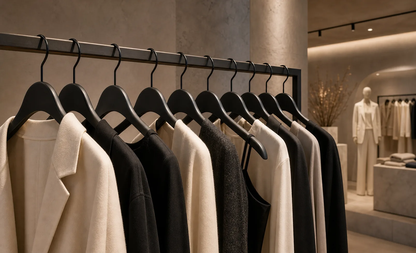 Matte black womens hangers displayed in a modern concept store