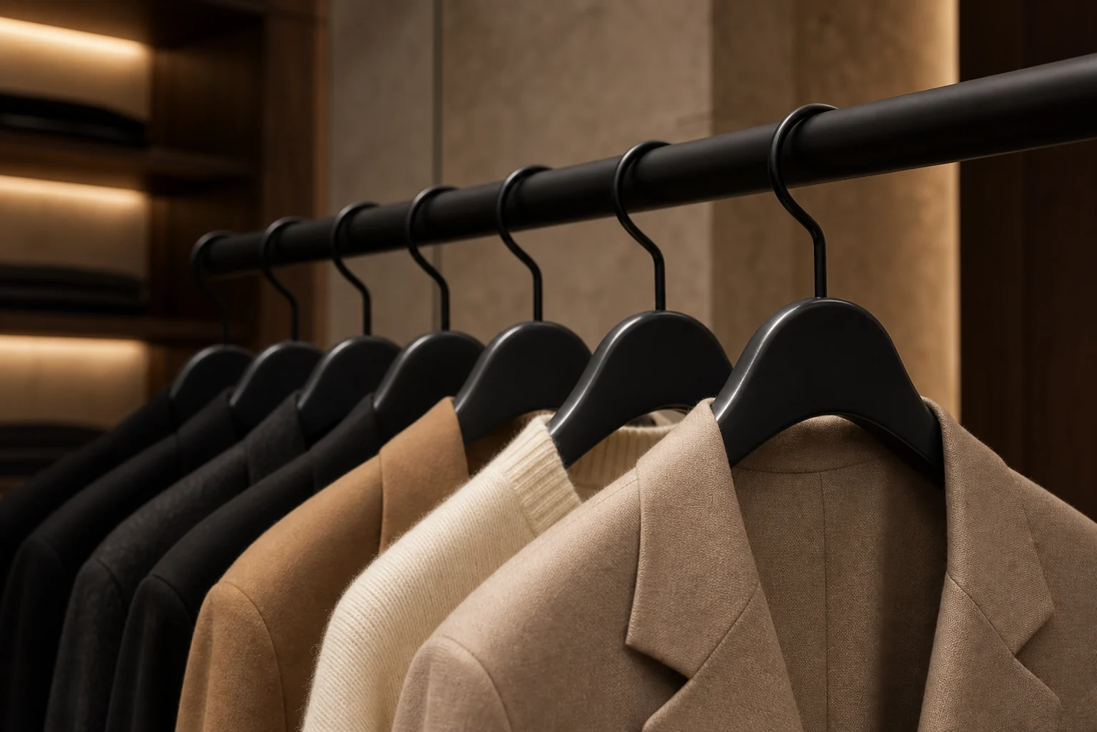 Matte black custom hangers displaying tailored garments in a luxury boutique