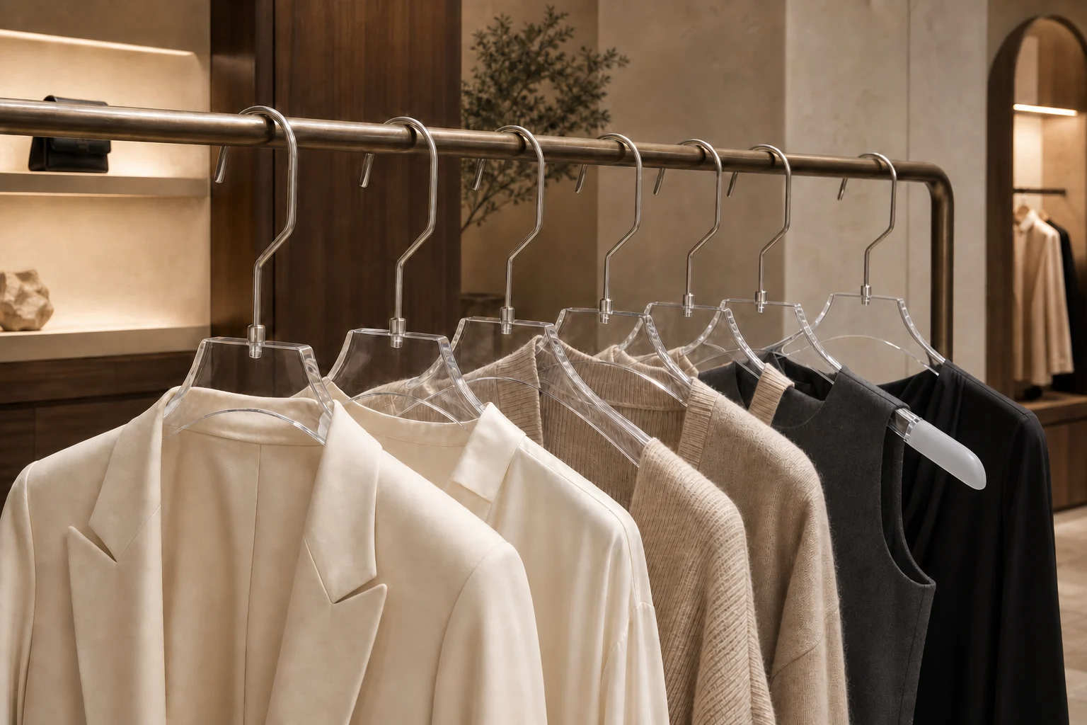 Clear acrylic hangers displayed in a luxury fashion boutique