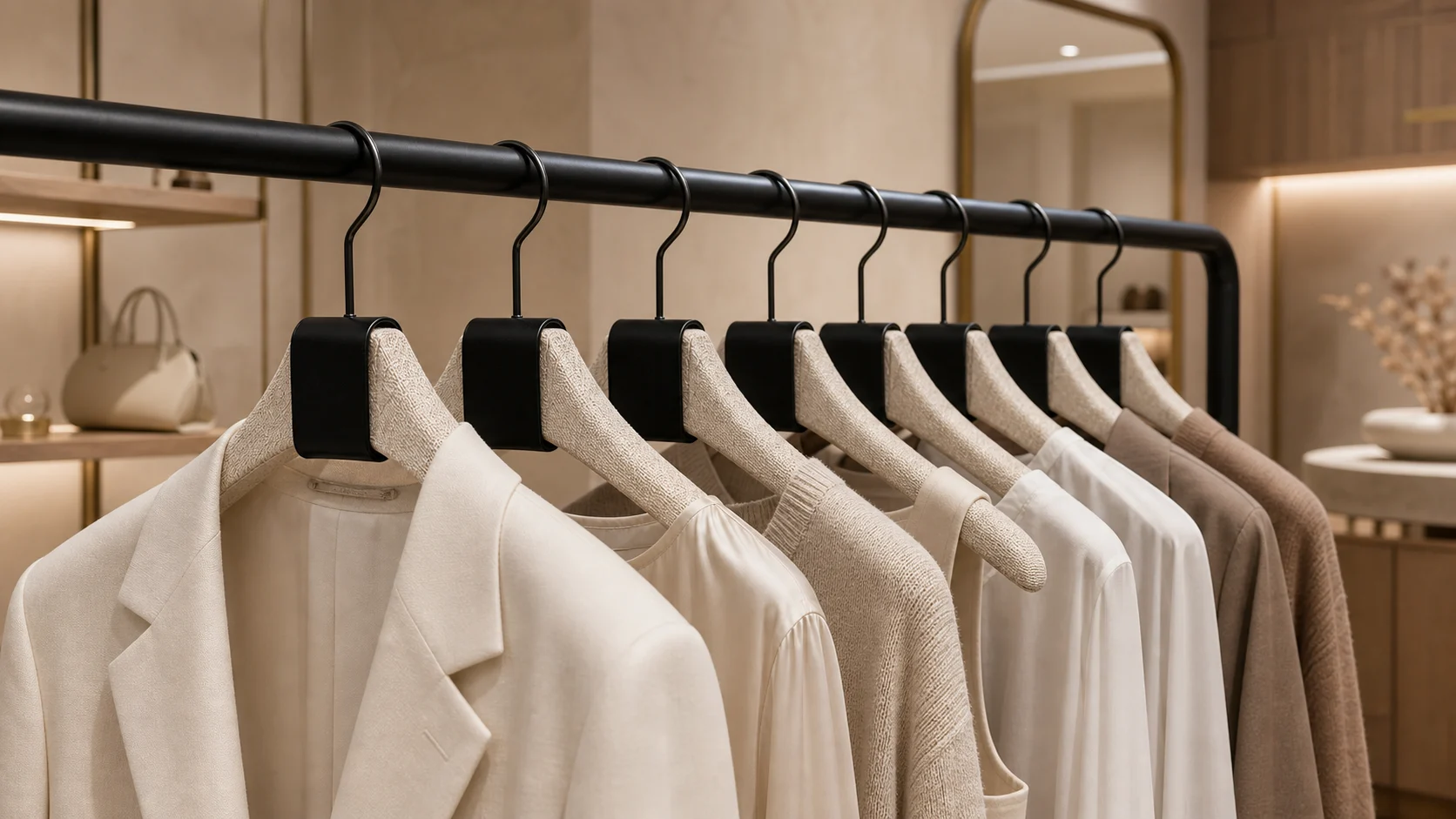 Fabric-wrapped solid wood hangers displayed in a luxury fashion boutique