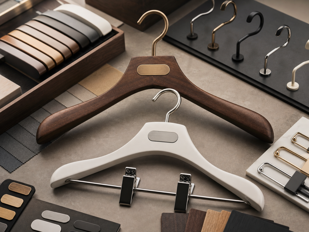 Logo engraving plaques and custom hanger finish samples for bespoke hanger branding