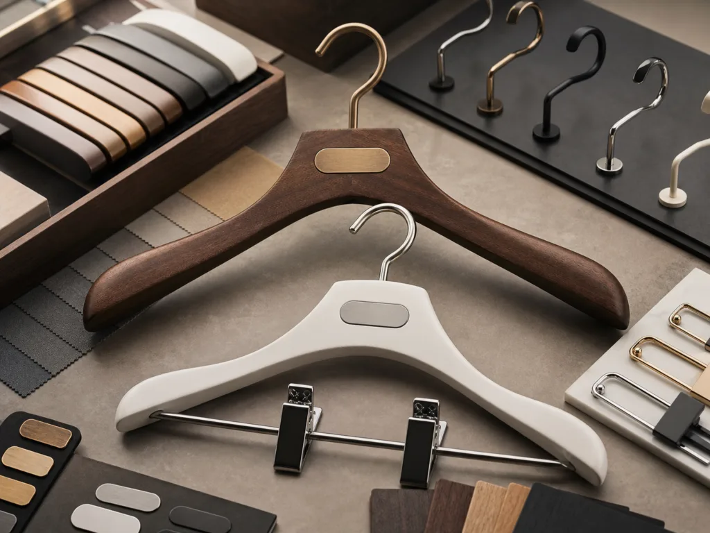 Logo engraving plaques and custom hanger finish samples for bespoke hanger branding