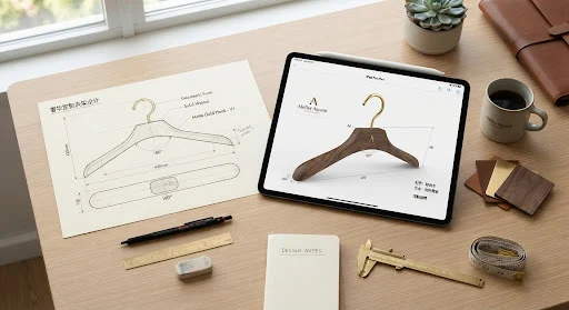 Custom hanger design sketches and digital prototype
