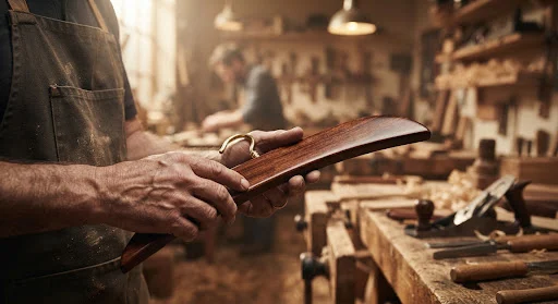 Artisan inspecting a wooden hanger sample