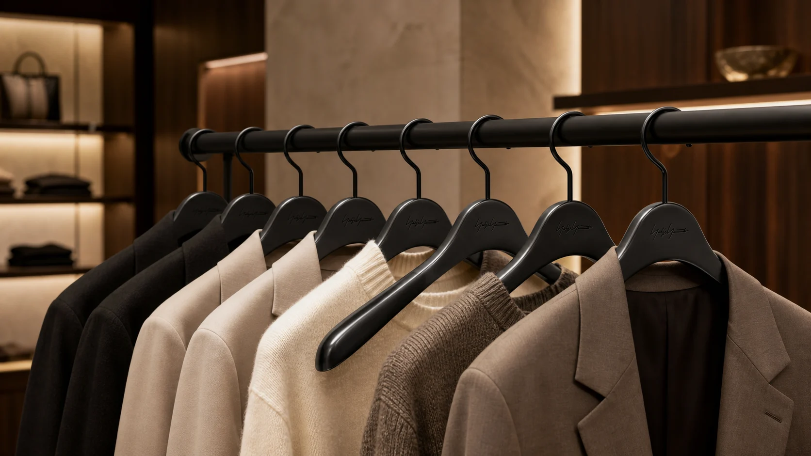 Boutique clothing display with wooden hangers on a warm showroom rail