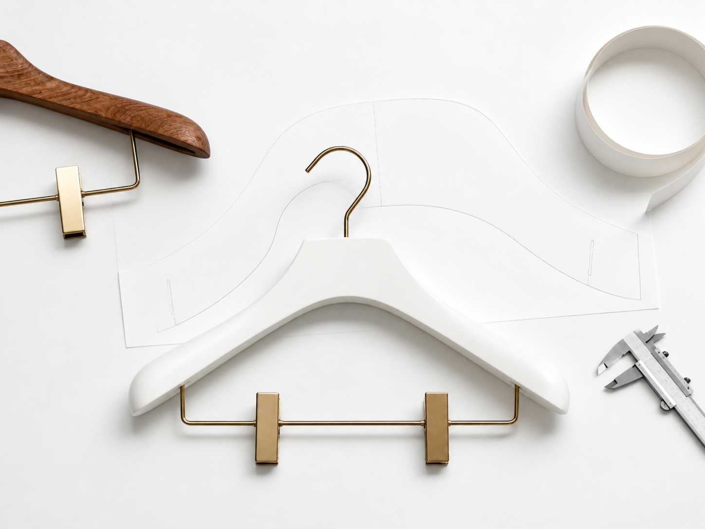 Custom hanger measurement setup with white hanger, template and caliper