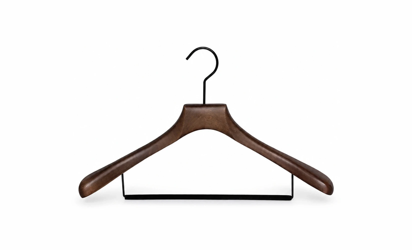 Dark walnut beech wooden suit hanger with a trouser bar